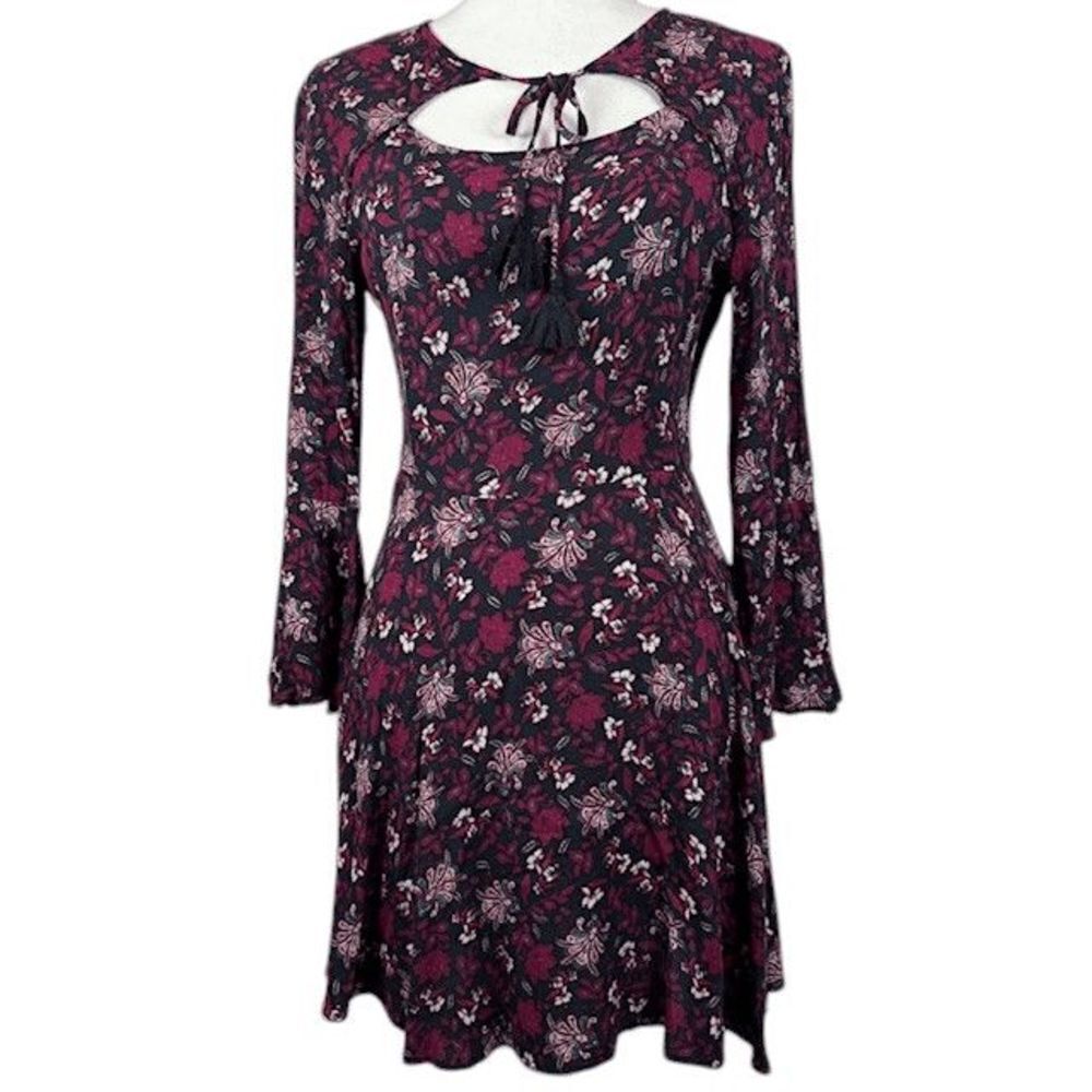 American Eagle Floral Print Mini Dress Black with Purple Tie Front Tassel Medium